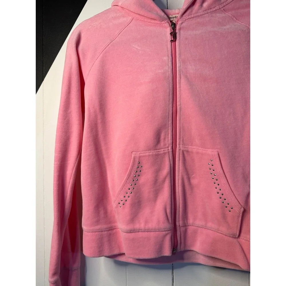 VTG Juicy Couture Hoodie Pink Velour Rhinestone Crest Zip Up Chic Girl XL 16 Y2K